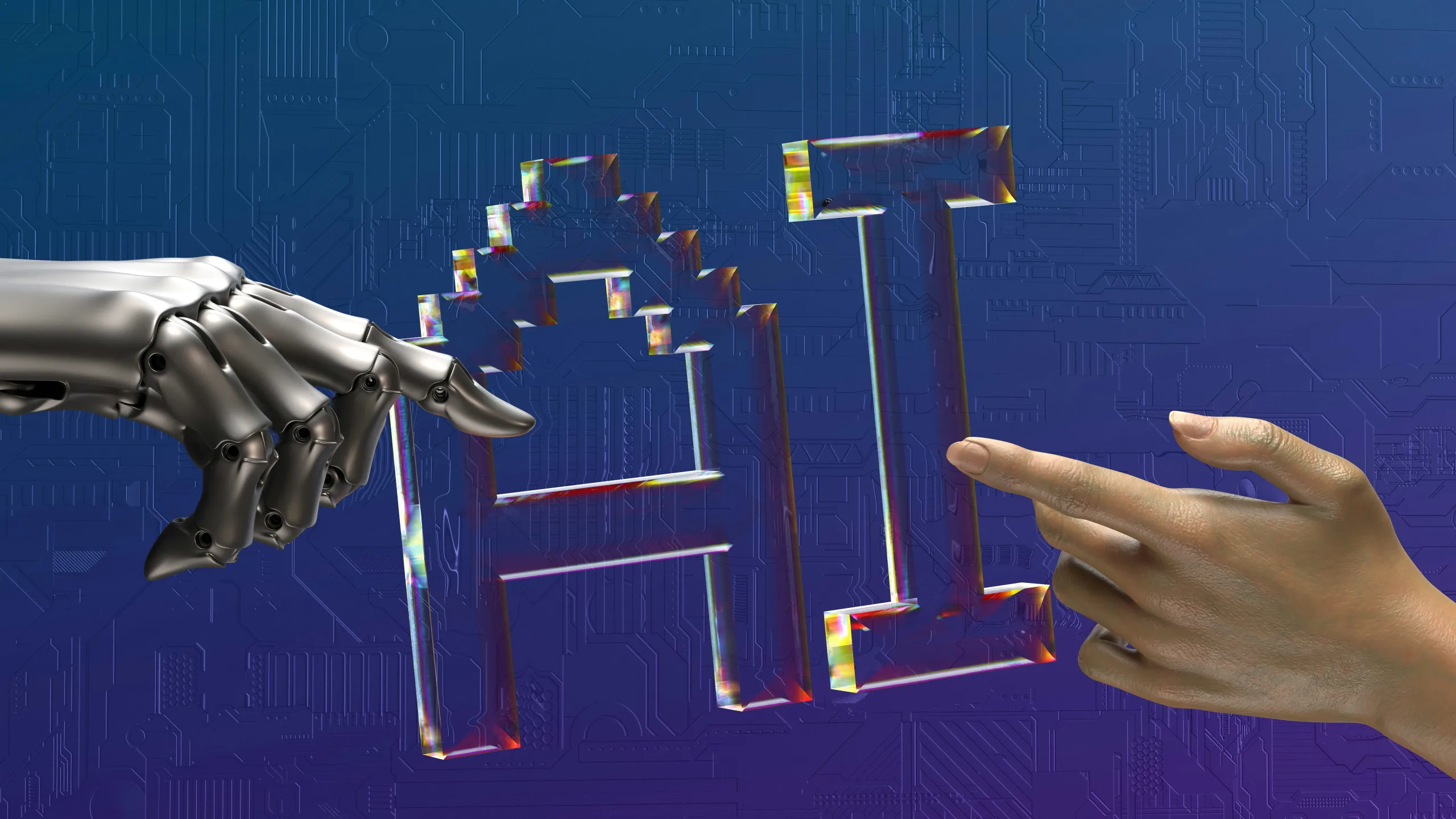 Une main robotique touche la lettre A et une main humaine touche la lettre I