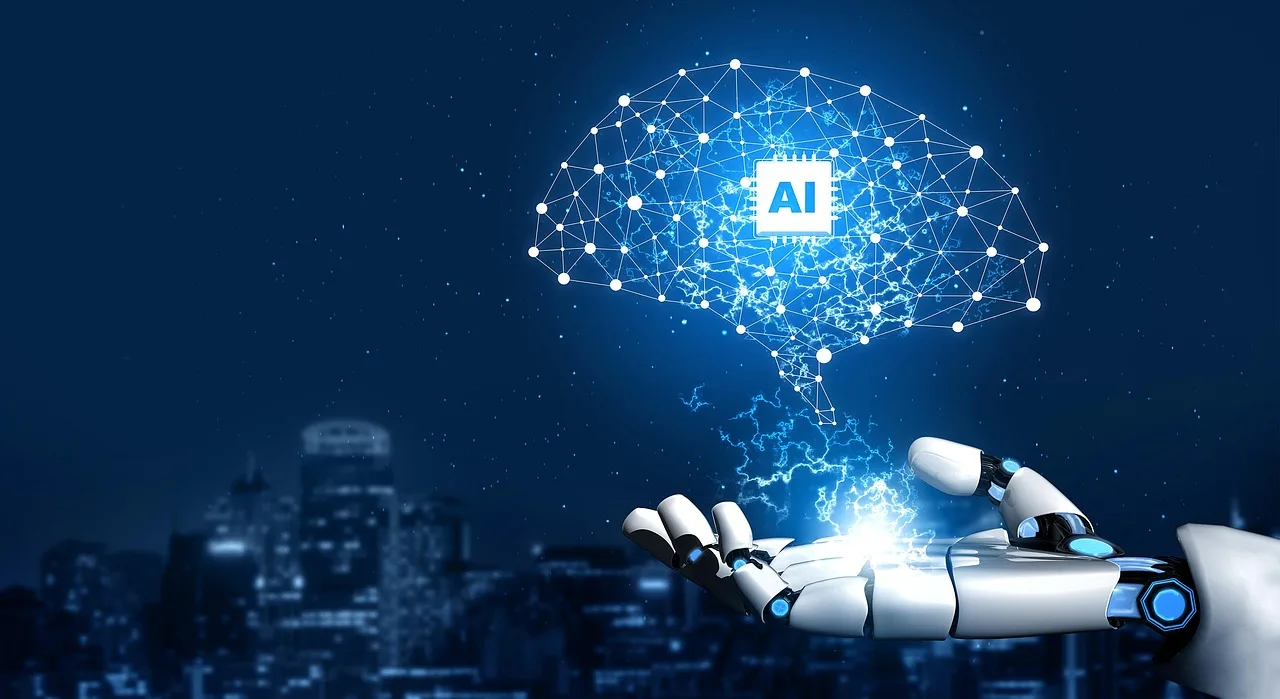 main robotique ouverte laissant voler un cerveau fait de points brillants et AI écrit