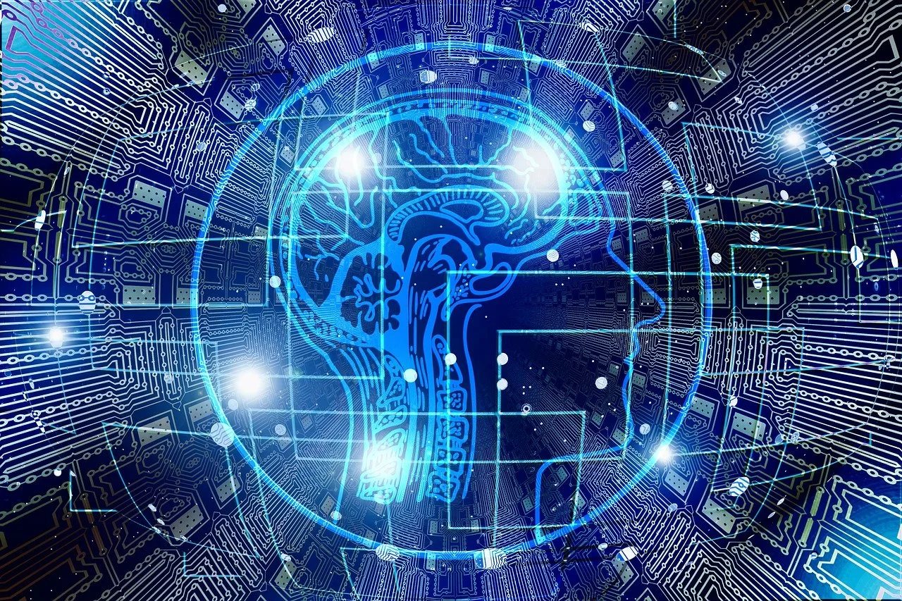 Image d'un cerveau humain augmenté par l'IA, sur fond bleu