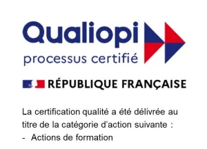 Logo Qualiopi bleu avec deux flèches bleues et rouge