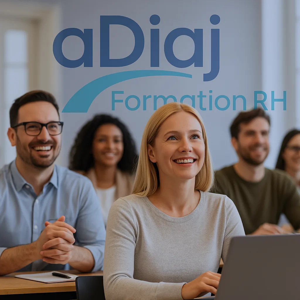 Deux hommes et 3 femmes dans une salle de classe avec le logo de l'ADIAJ Formation